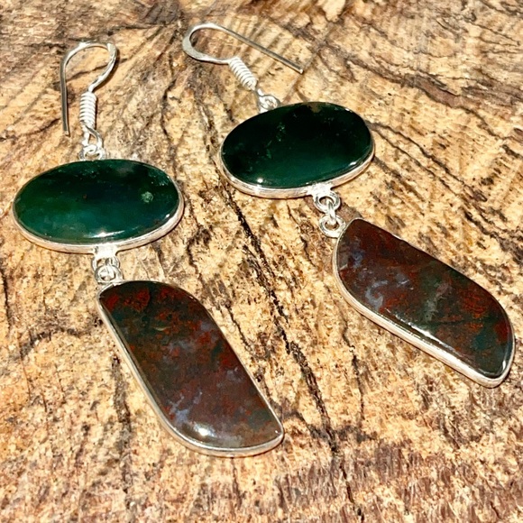 Mocha Stone Green Moss Agate Earrings 2” - Picture 4 of 6